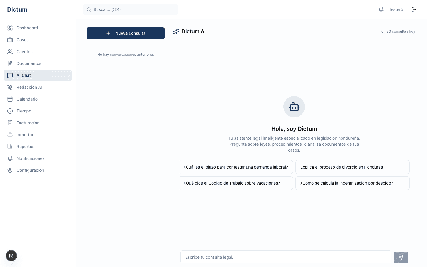 Chat con IA de Dictum mostrando consultas legales sugeridas sobre leyes hondureñas